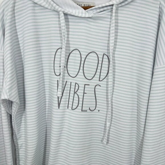 Rae Dunn Size Large Baby Blue White Striped Hooded Sweatshirt Good Vibes Camping - Picture 5 of 5